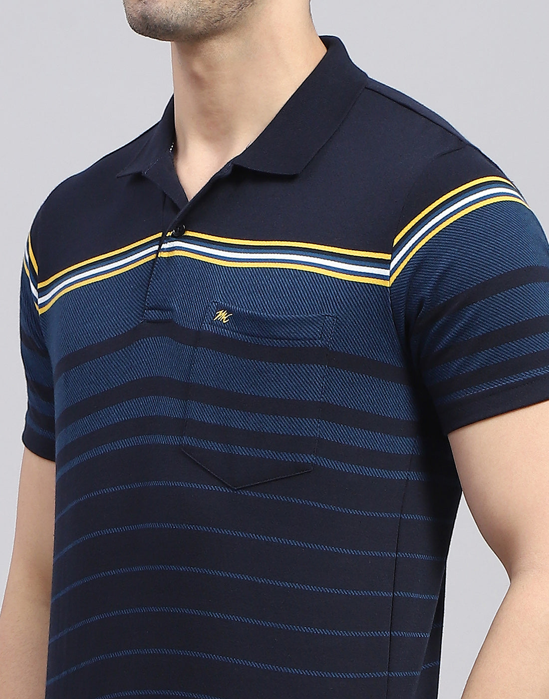 Men Navy Blue Stripe Polo Collar Half Sleeve T-Shirt