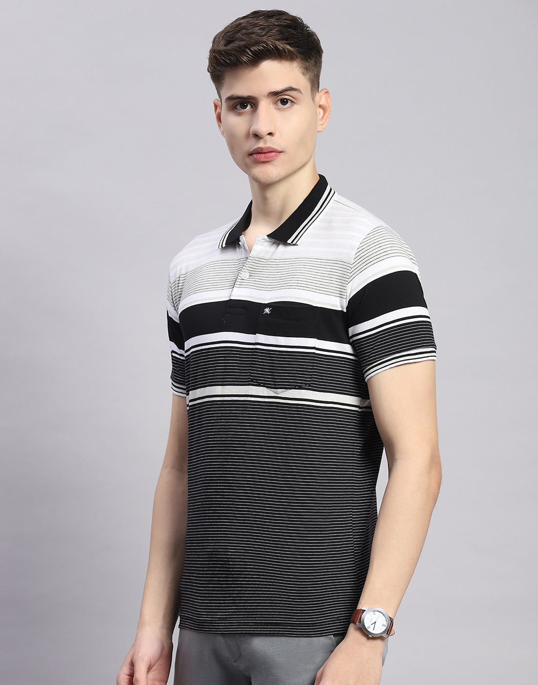 Men Black Stripe Polo Collar Half Sleeve T-Shirt