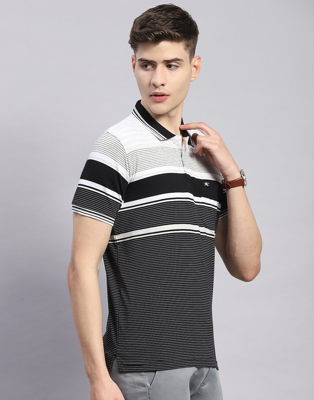 Men Black Stripe Polo Collar Half Sleeve T-Shirt