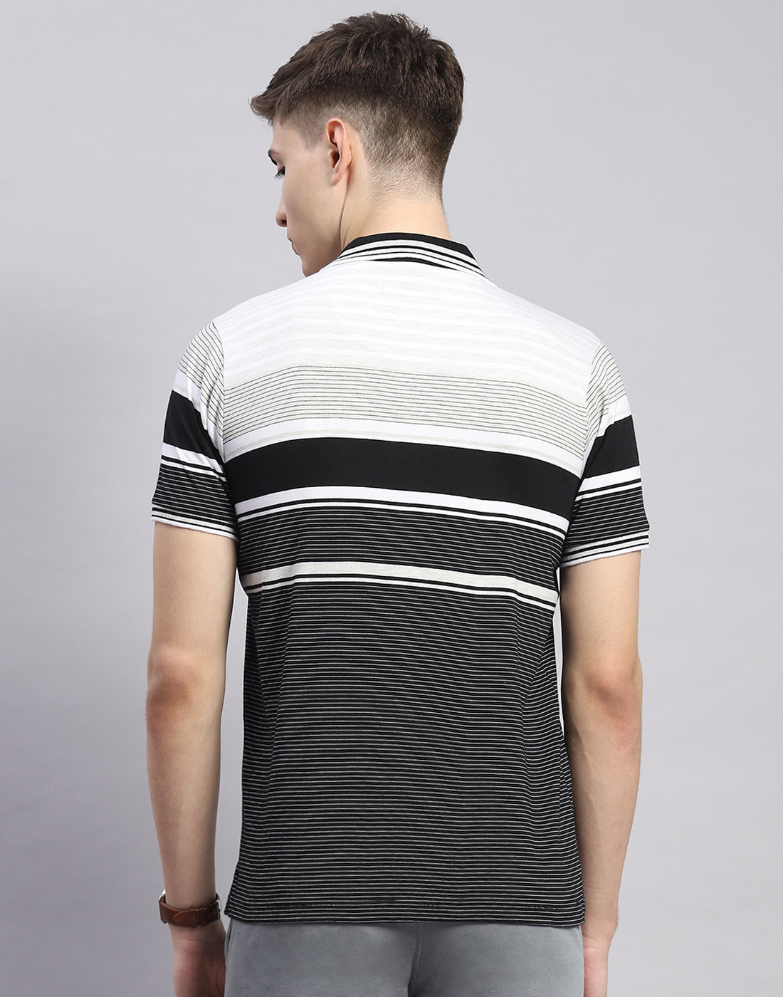 Men Black Stripe Polo Collar Half Sleeve T-Shirt