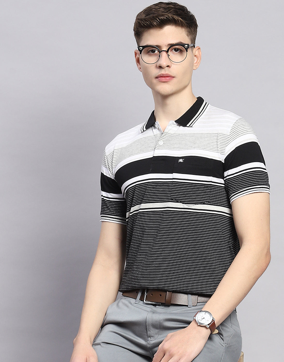 Men Black Stripe Polo Collar Half Sleeve T-Shirt