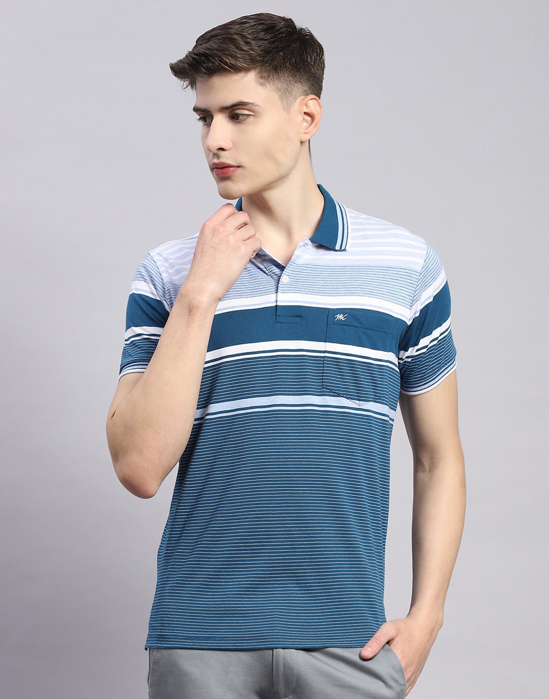 Men Teal Blue Stripe Polo Collar Half Sleeve T-Shirt