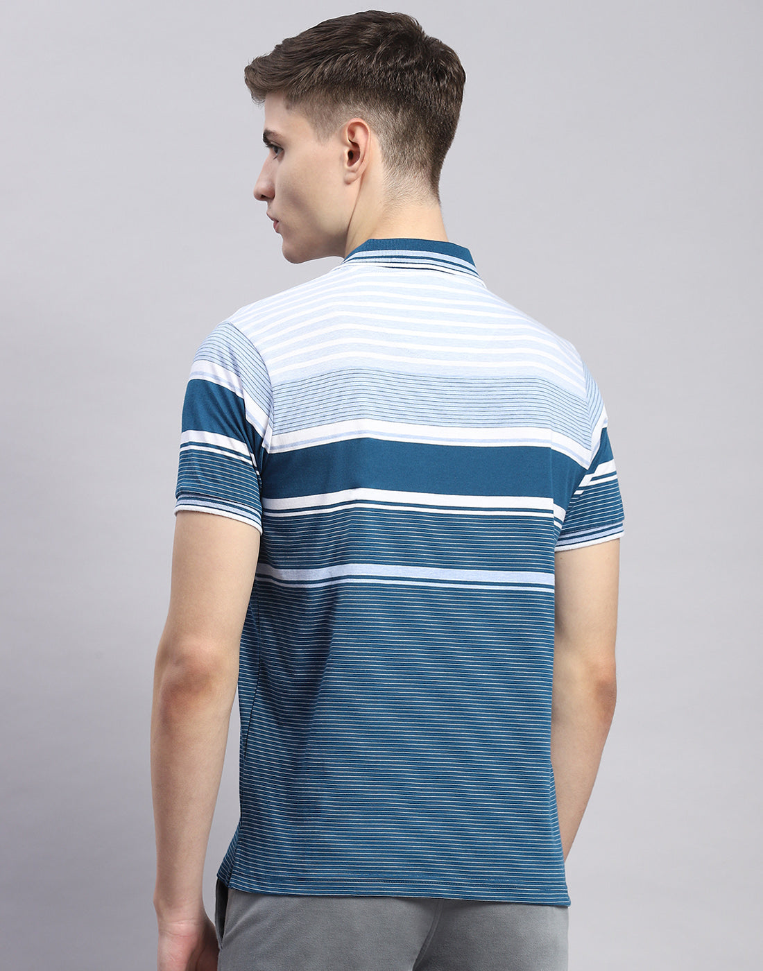 Men Teal Blue Stripe Polo Collar Half Sleeve T-Shirt