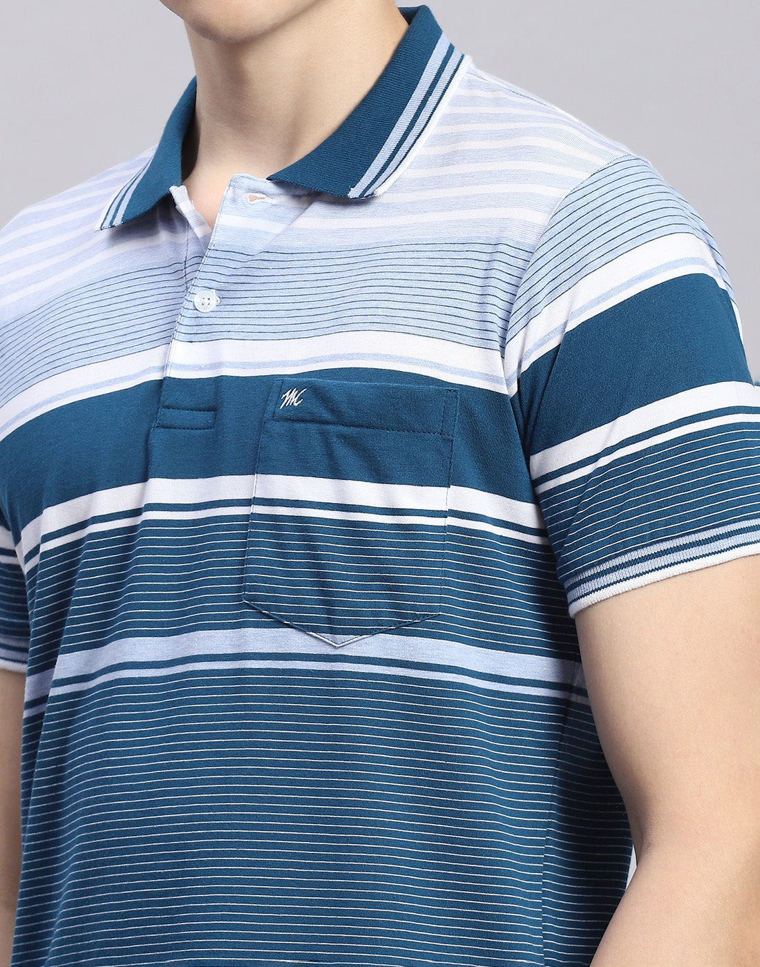 Men Teal Blue Stripe Polo Collar Half Sleeve T-Shirt