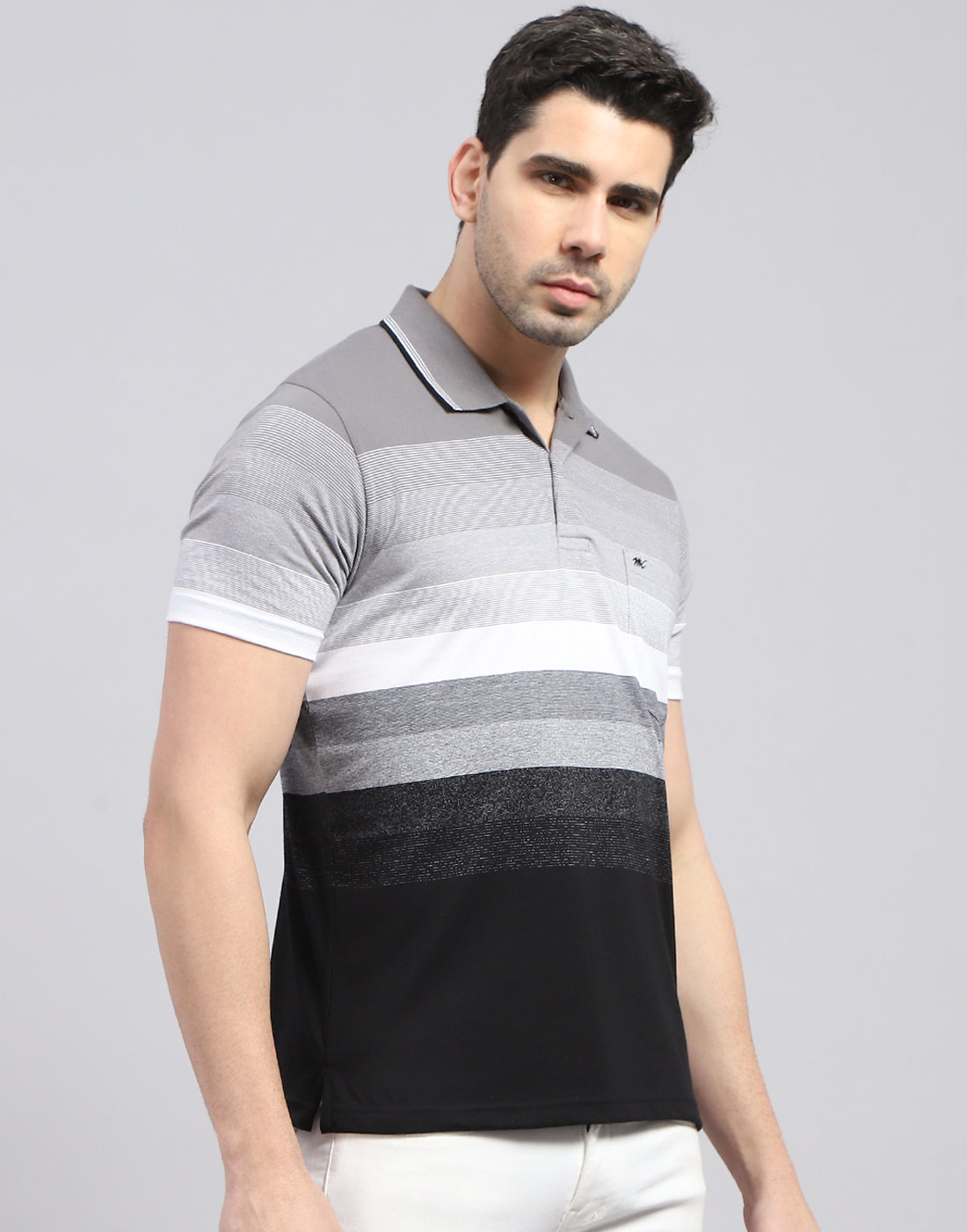 Men Grey Stripe Polo Collar Half Sleeve T-Shirt
