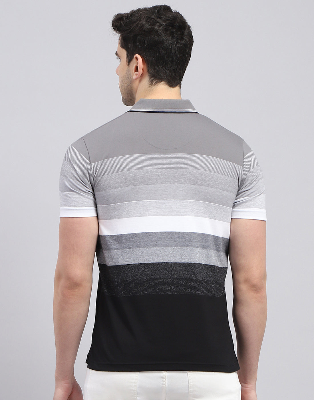 Men Grey Stripe Polo Collar Half Sleeve T-Shirt