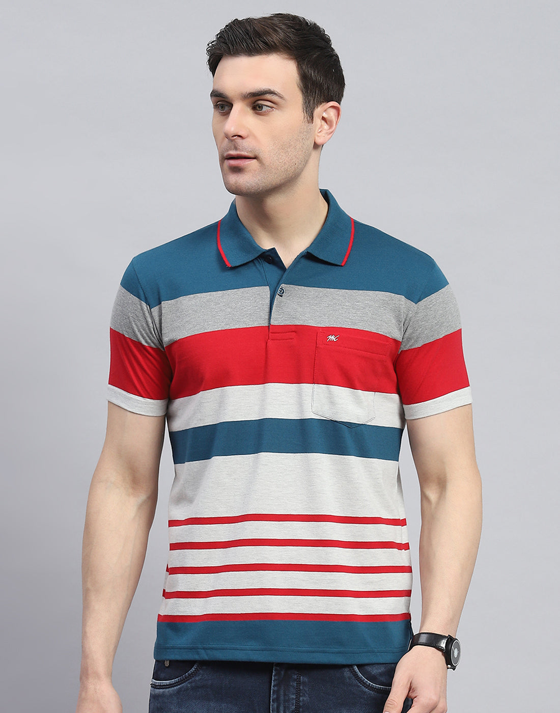 Men Teal Blue Stripe Polo Collar Half Sleeve T-Shirt