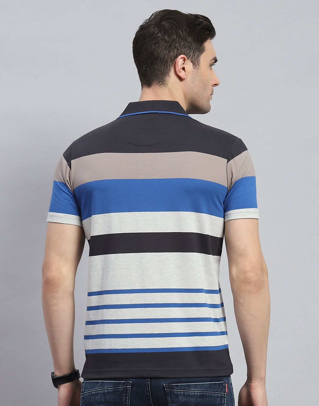 Men Blue Stripe Polo Collar Half Sleeve T-Shirt