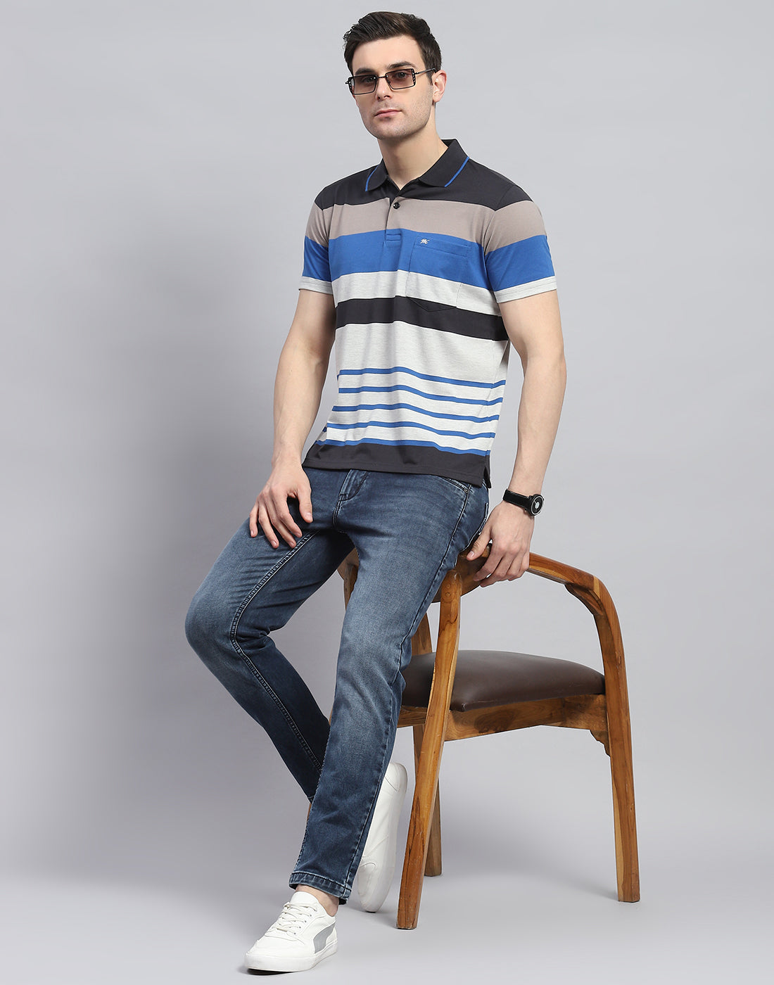 Men Blue Stripe Polo Collar Half Sleeve T-Shirt