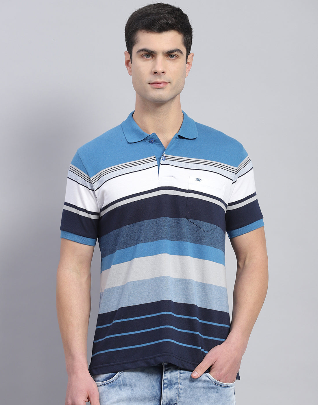 Men Blue Stripe Polo Collar Half Sleeve T-Shirt