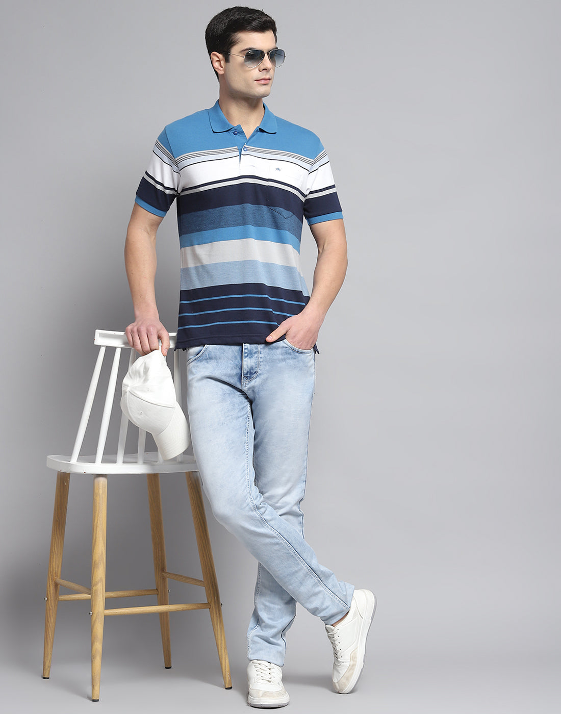 Men Blue Stripe Polo Collar Half Sleeve T-Shirt
