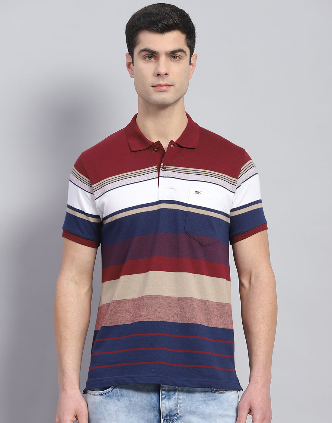 Men Red Stripe Polo Collar Half Sleeve T-Shirt