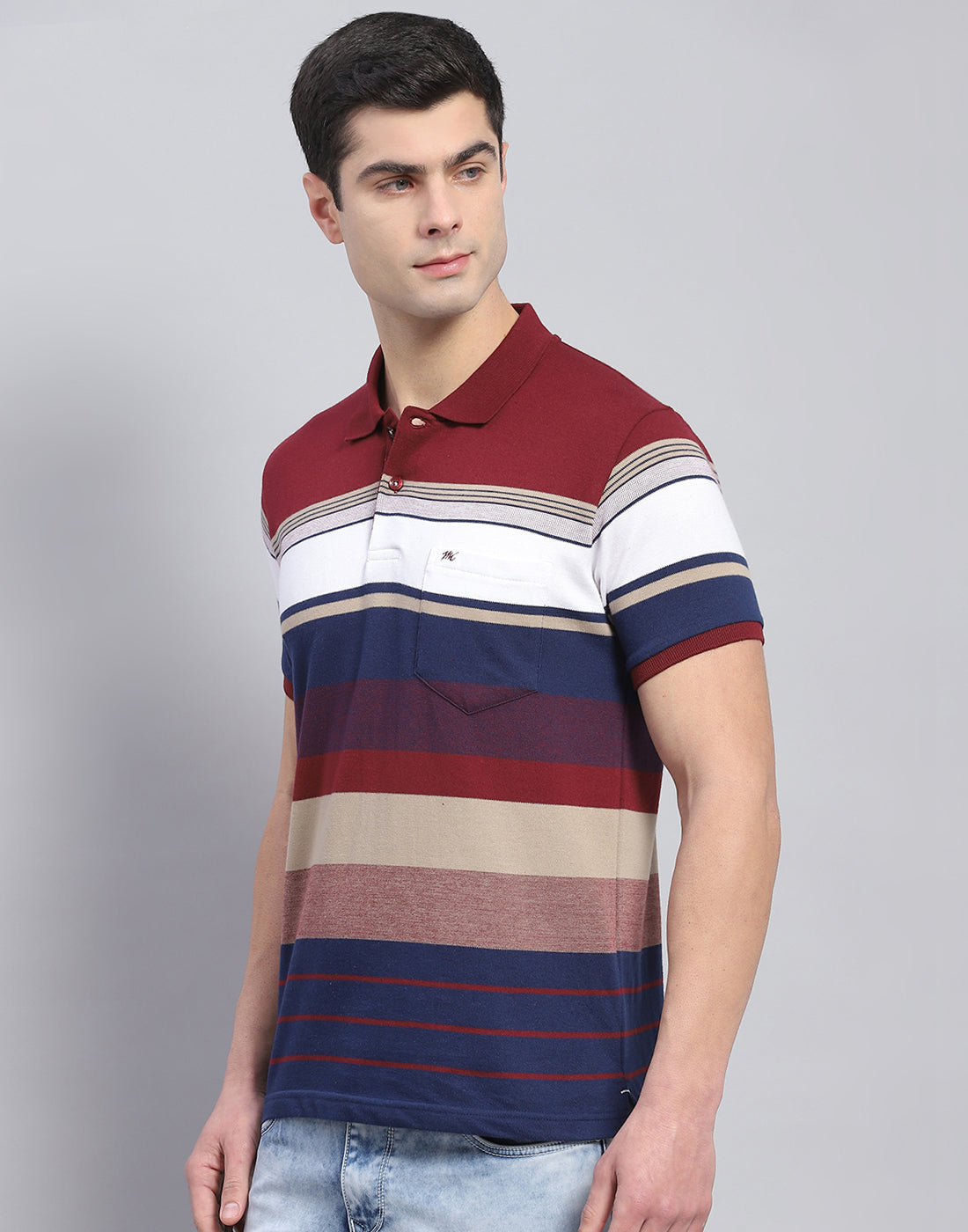 Men Red Stripe Polo Collar Half Sleeve T-Shirt