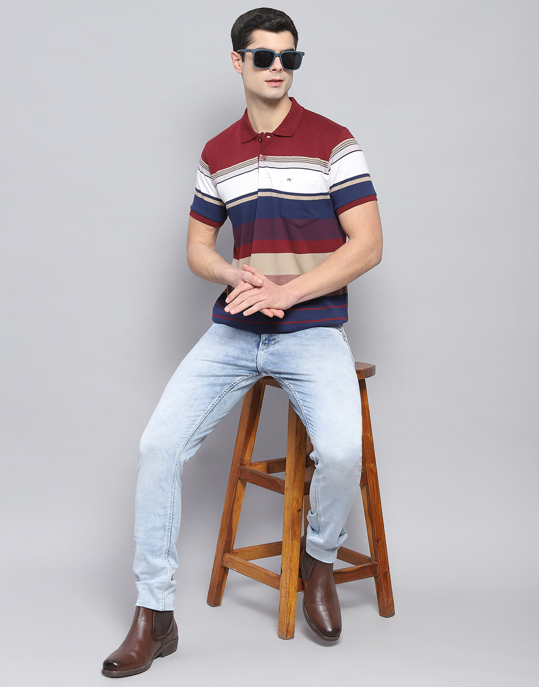 Men Red Stripe Polo Collar Half Sleeve T-Shirt