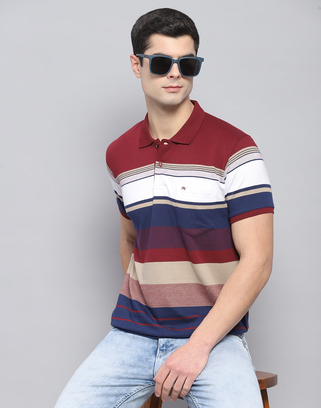Men Red Stripe Polo Collar Half Sleeve T-Shirt