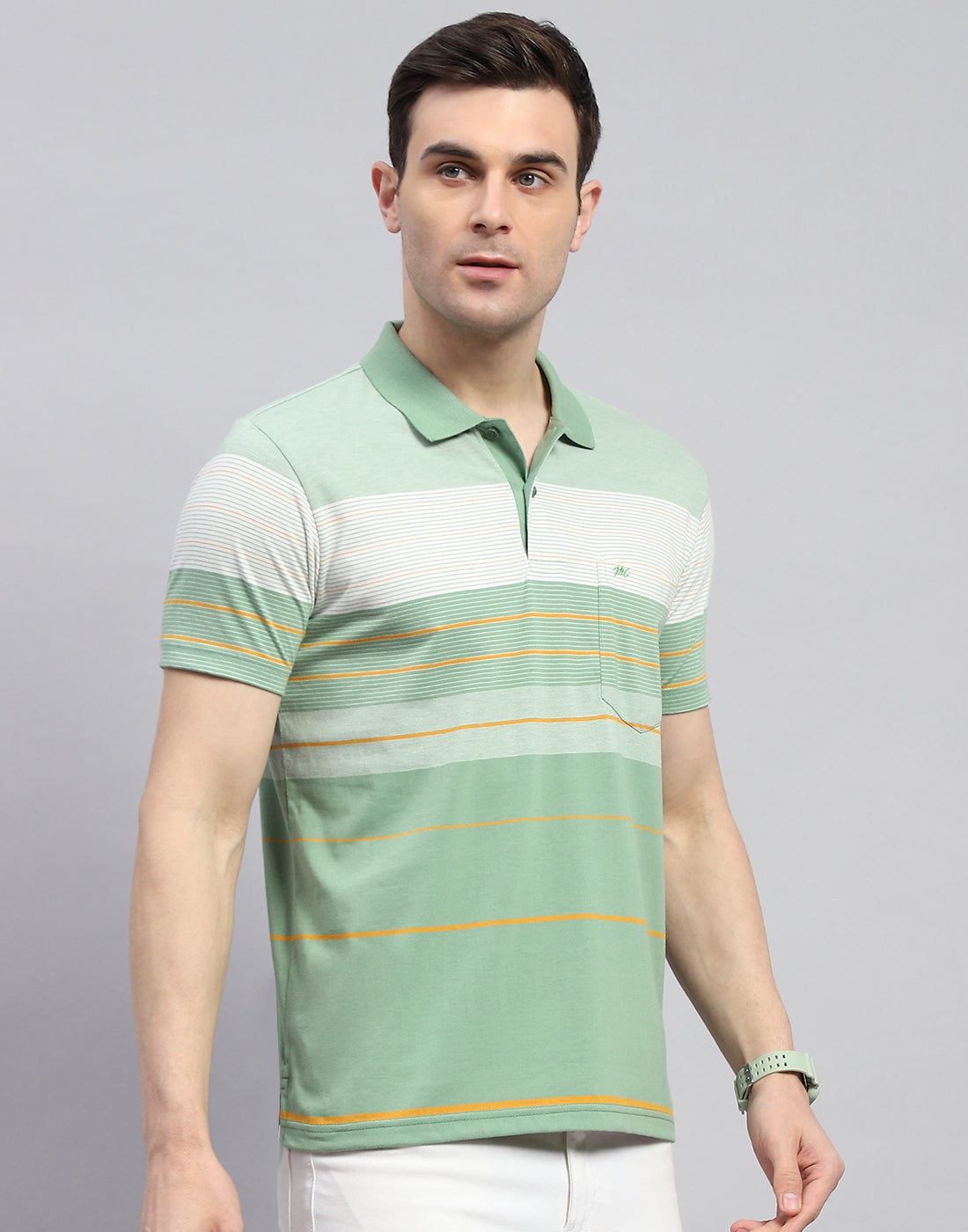 Men Green Stripe Polo Collar Half Sleeve T-Shirt