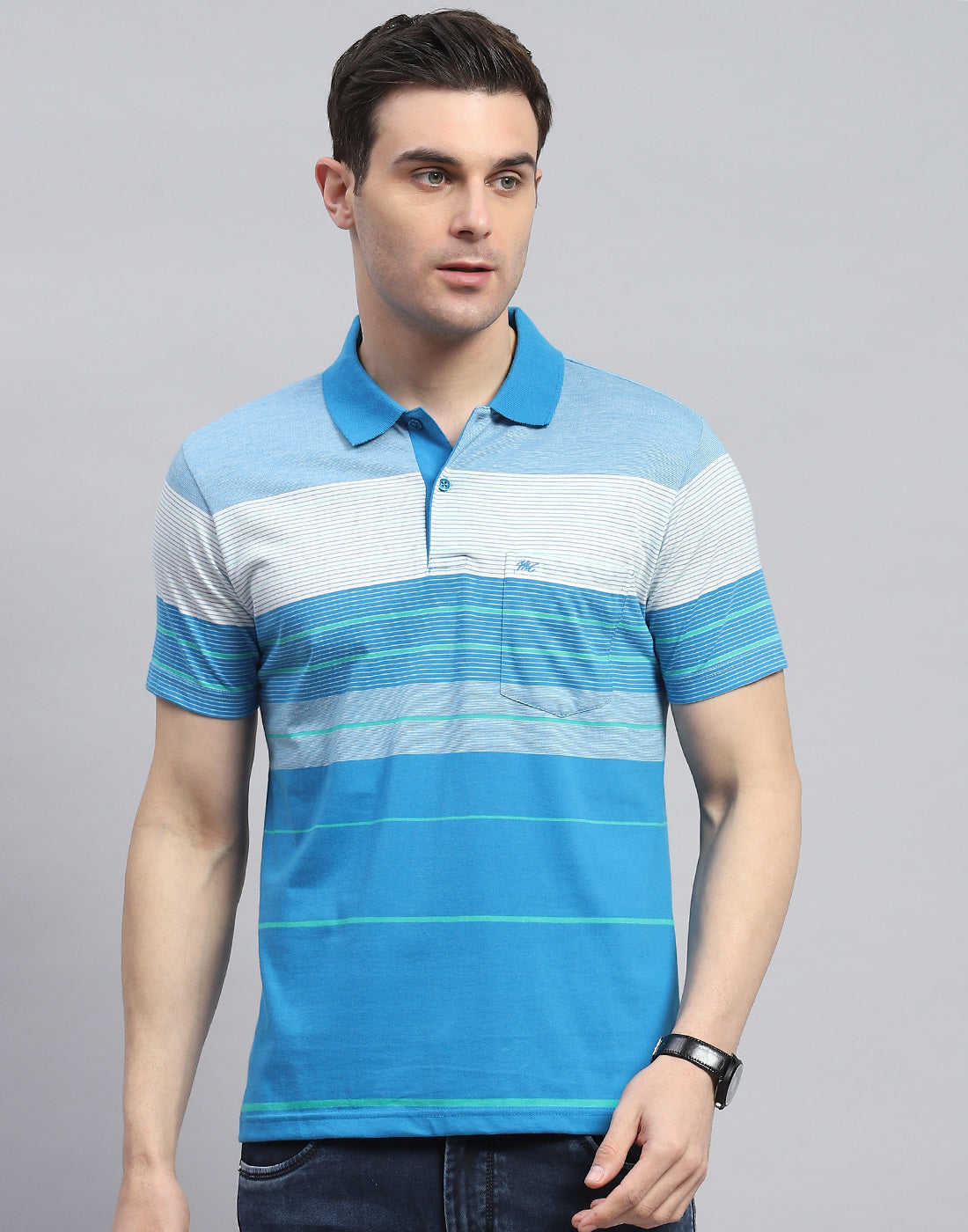 Men Blue Stripe Polo Collar Half Sleeve T-Shirt