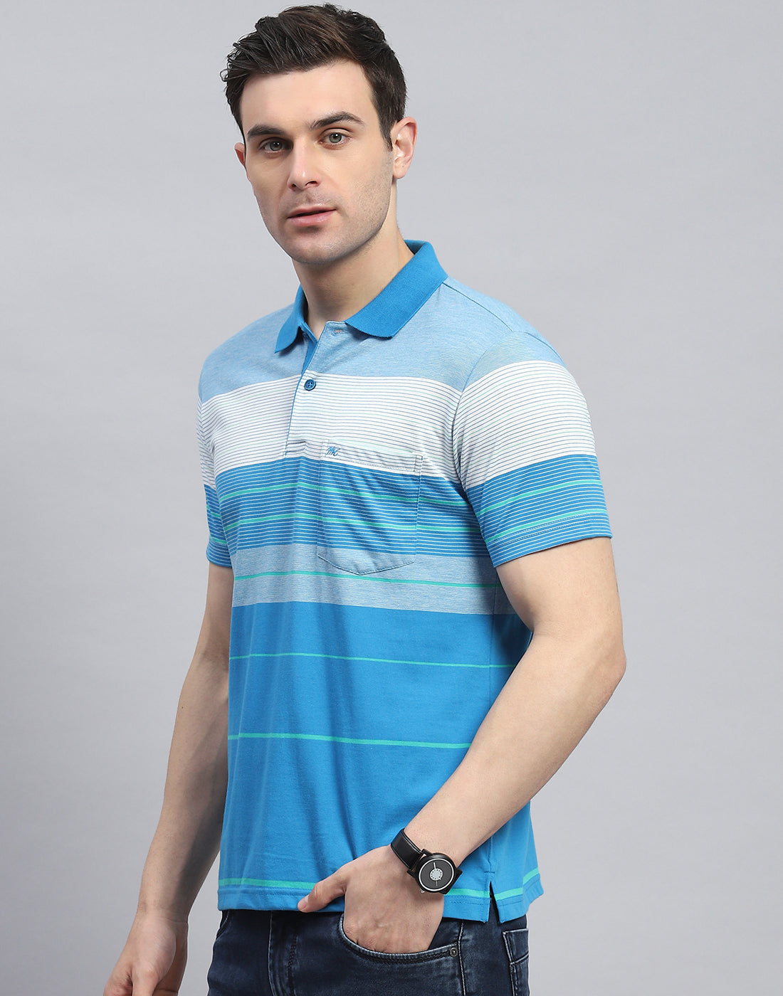 Men Blue Stripe Polo Collar Half Sleeve T-Shirt