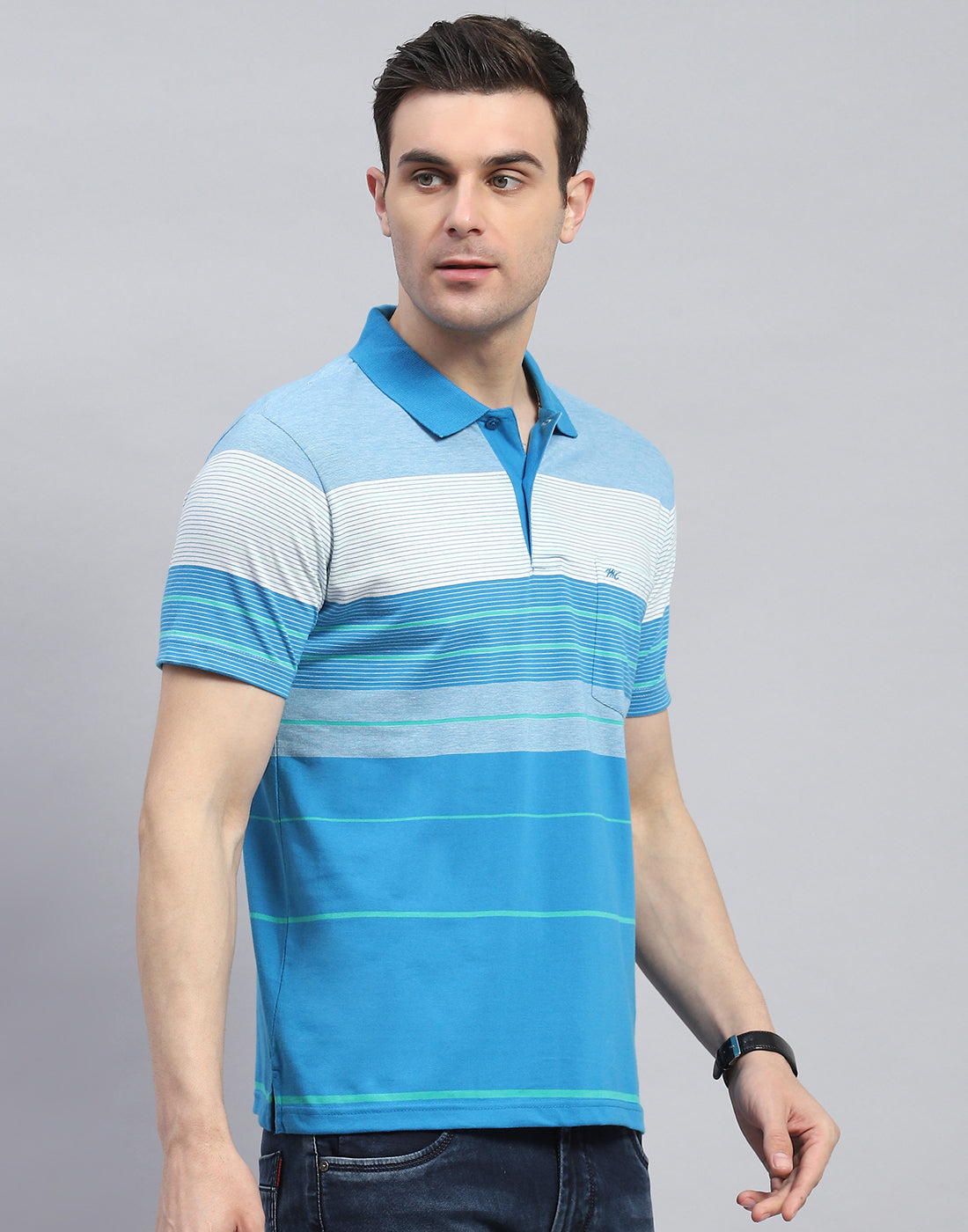 Men Blue Stripe Polo Collar Half Sleeve T-Shirt