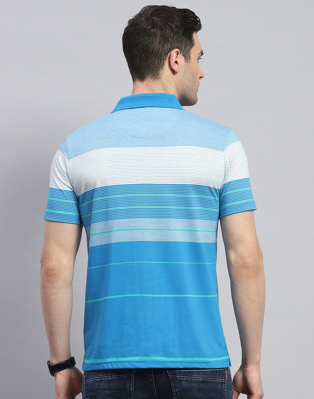 Men Blue Stripe Polo Collar Half Sleeve T-Shirt