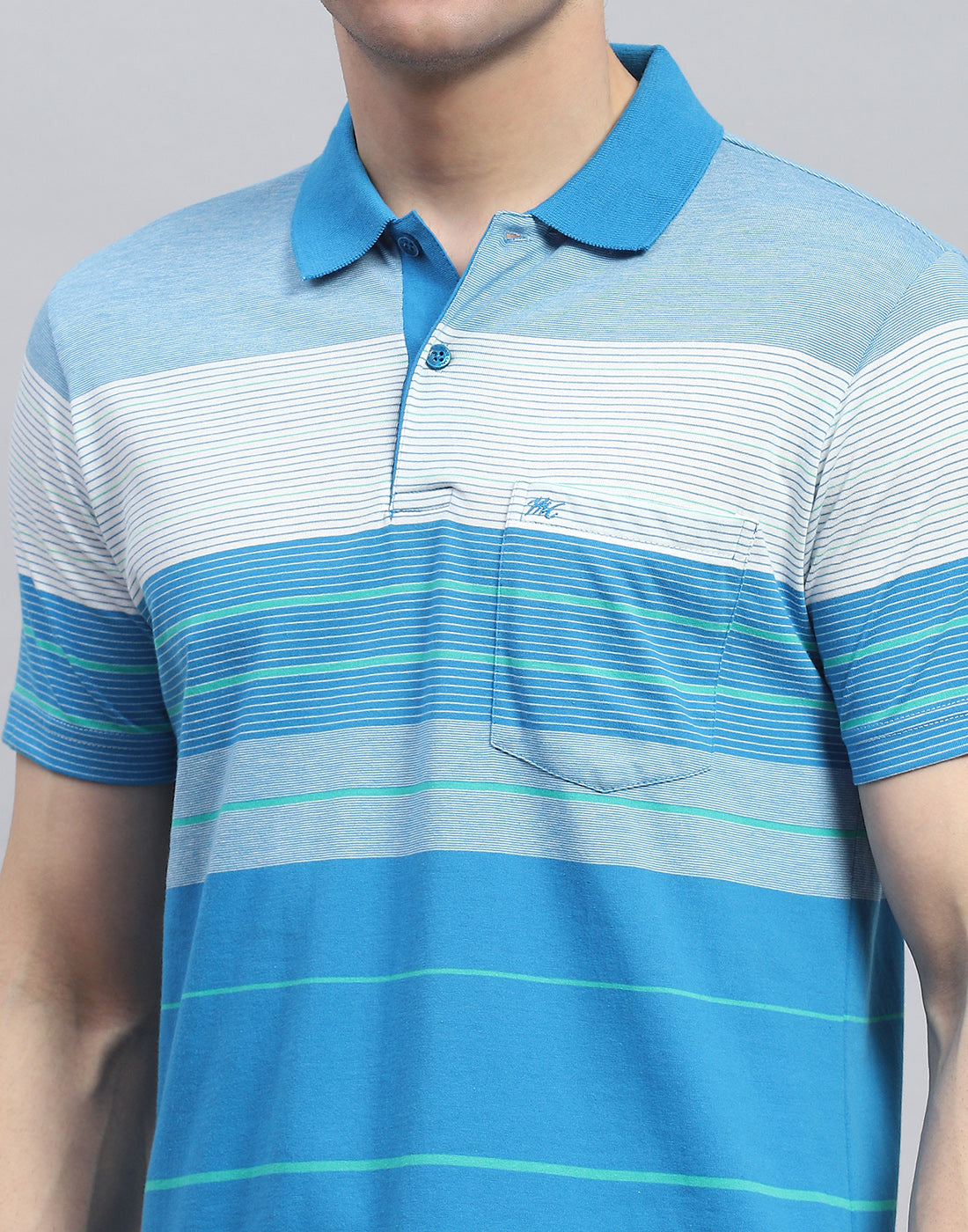 Men Blue Stripe Polo Collar Half Sleeve T-Shirt