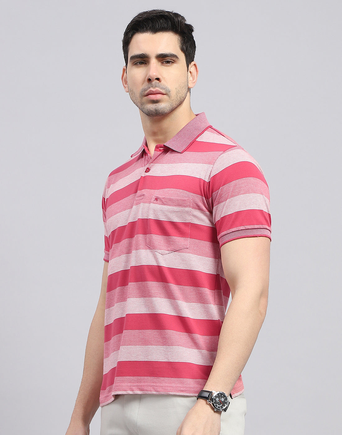 Men Red Stripe Polo Collar Half Sleeve T-Shirt