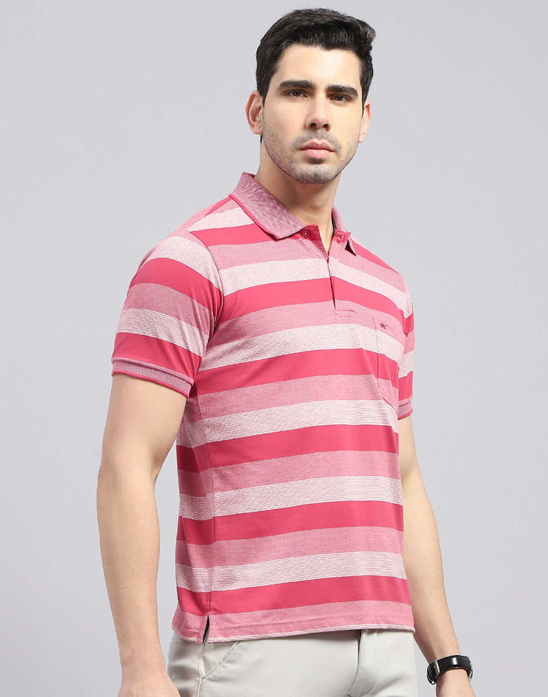 Men Red Stripe Polo Collar Half Sleeve T-Shirt