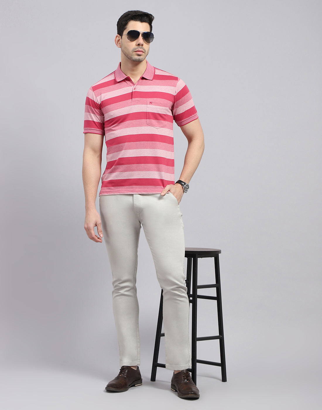 Men Red Stripe Polo Collar Half Sleeve T-Shirt