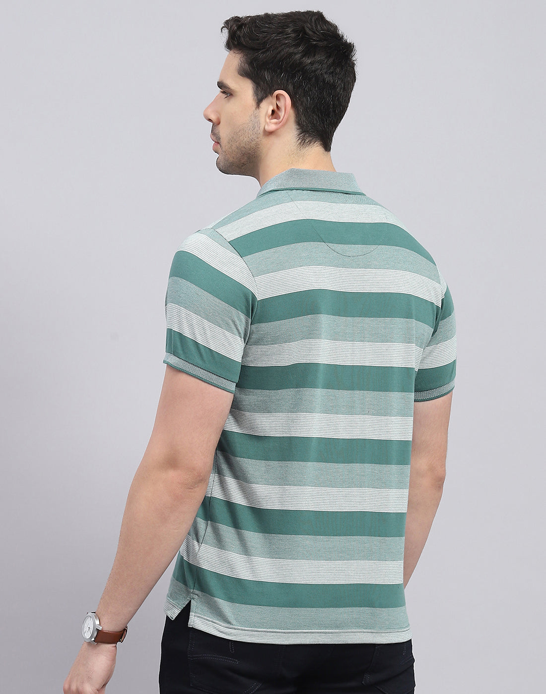 Men Green Stripe Polo Collar Half Sleeve T-Shirt