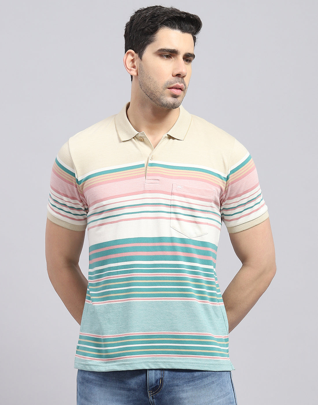 Men Green Stripe Polo Collar Half Sleeve T-Shirt