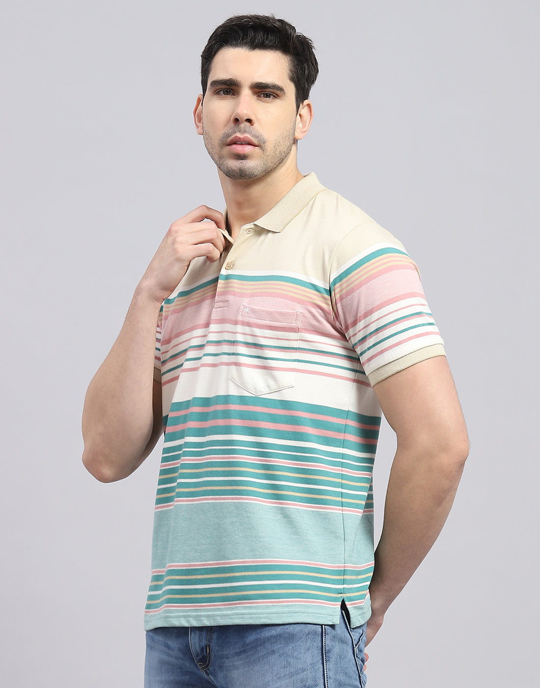 Men Green Stripe Polo Collar Half Sleeve T-Shirt