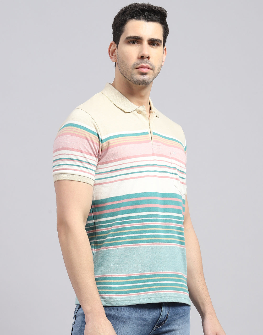 Men Green Stripe Polo Collar Half Sleeve T-Shirt