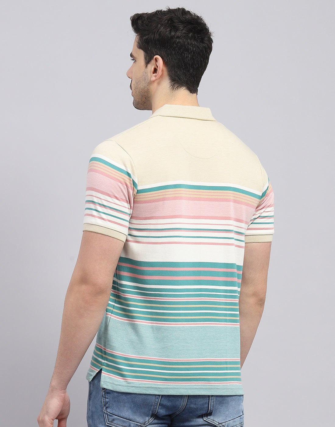 Men Green Stripe Polo Collar Half Sleeve T-Shirt