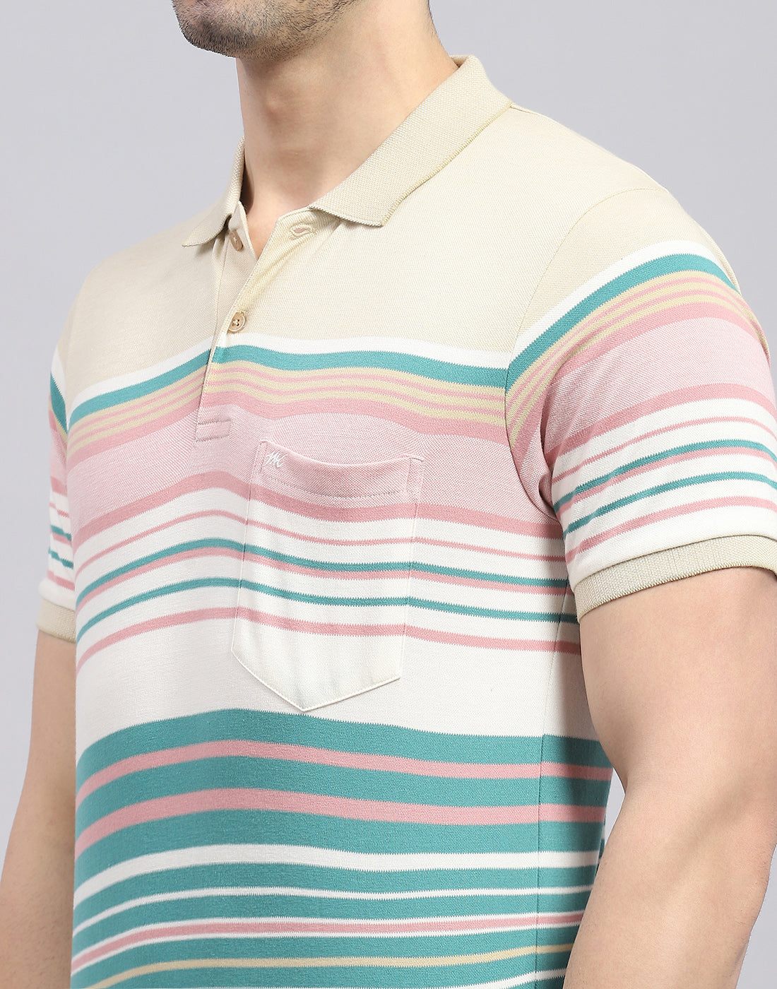 Men Green Stripe Polo Collar Half Sleeve T-Shirt
