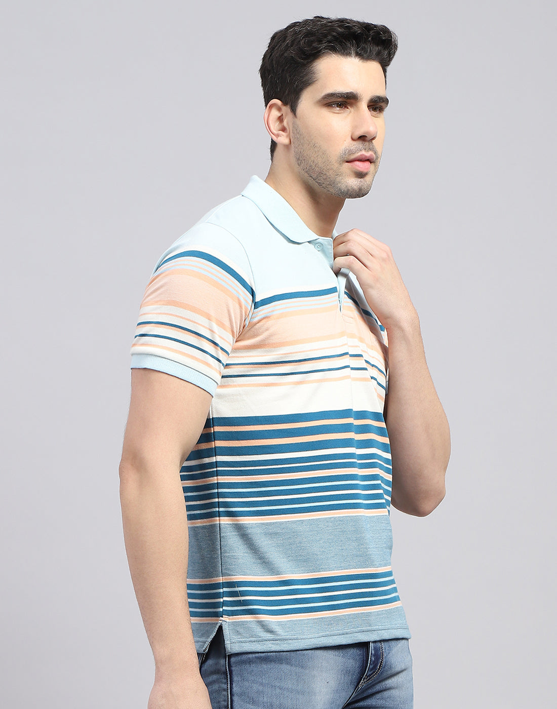 Men Blue Stripe Polo Collar Half Sleeve T-Shirt