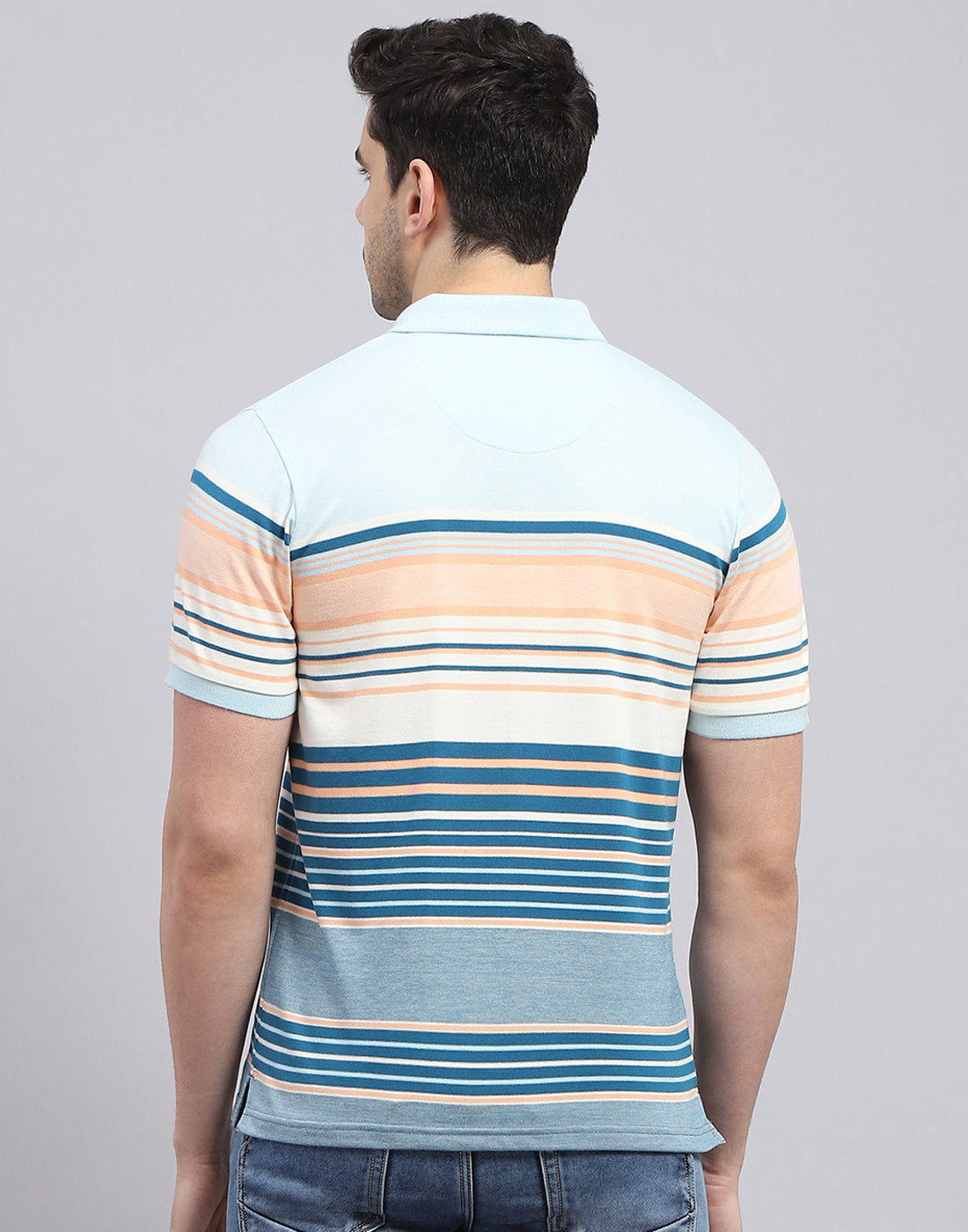 Men Blue Stripe Polo Collar Half Sleeve T-Shirt