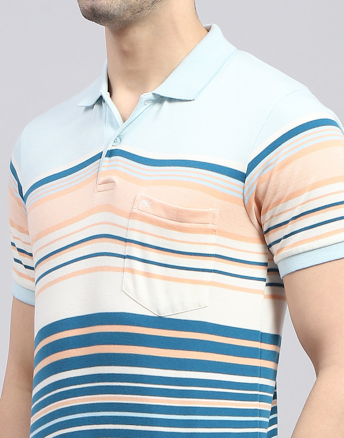 Men Blue Stripe Polo Collar Half Sleeve T-Shirt