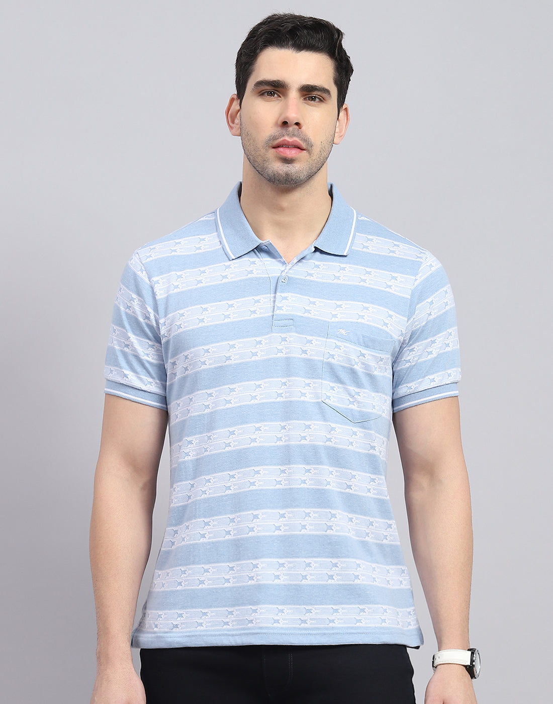 Men Blue Stripe Polo Collar Half Sleeve T-Shirt