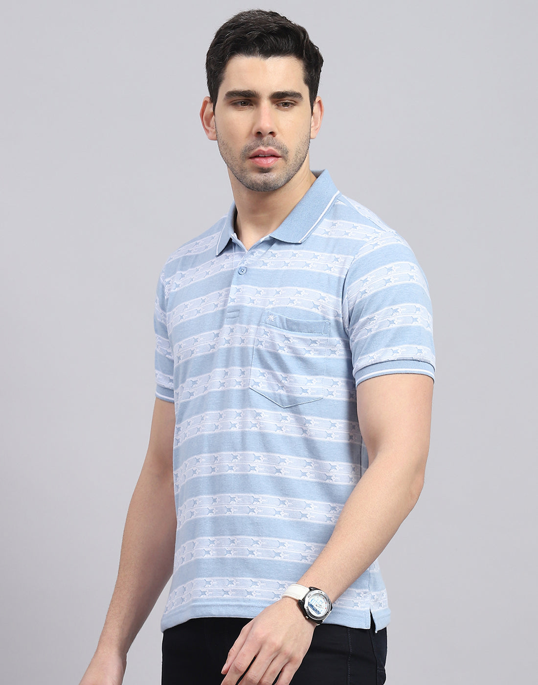 Men Blue Stripe Polo Collar Half Sleeve T-Shirt