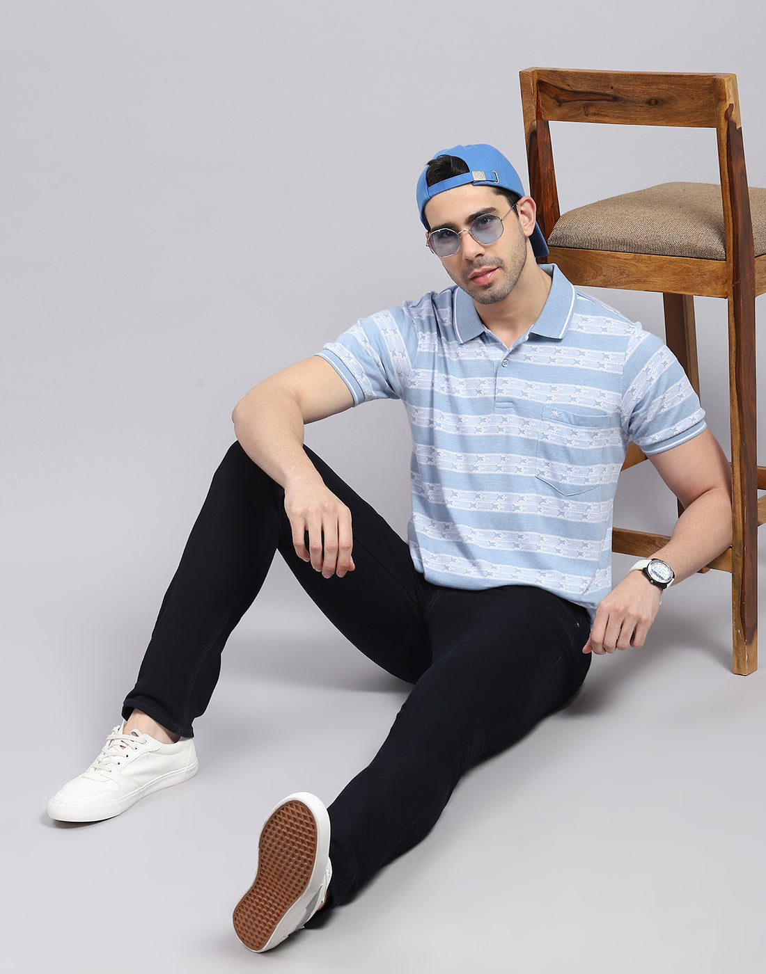 Men Blue Stripe Polo Collar Half Sleeve T-Shirt