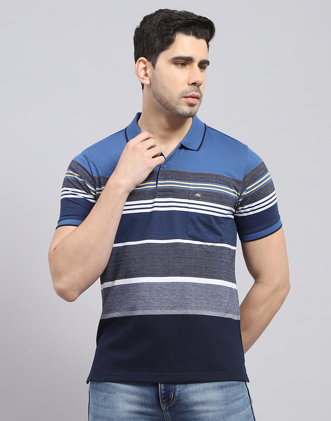 Men Blue Stripe Polo Collar Half Sleeve T-Shirt