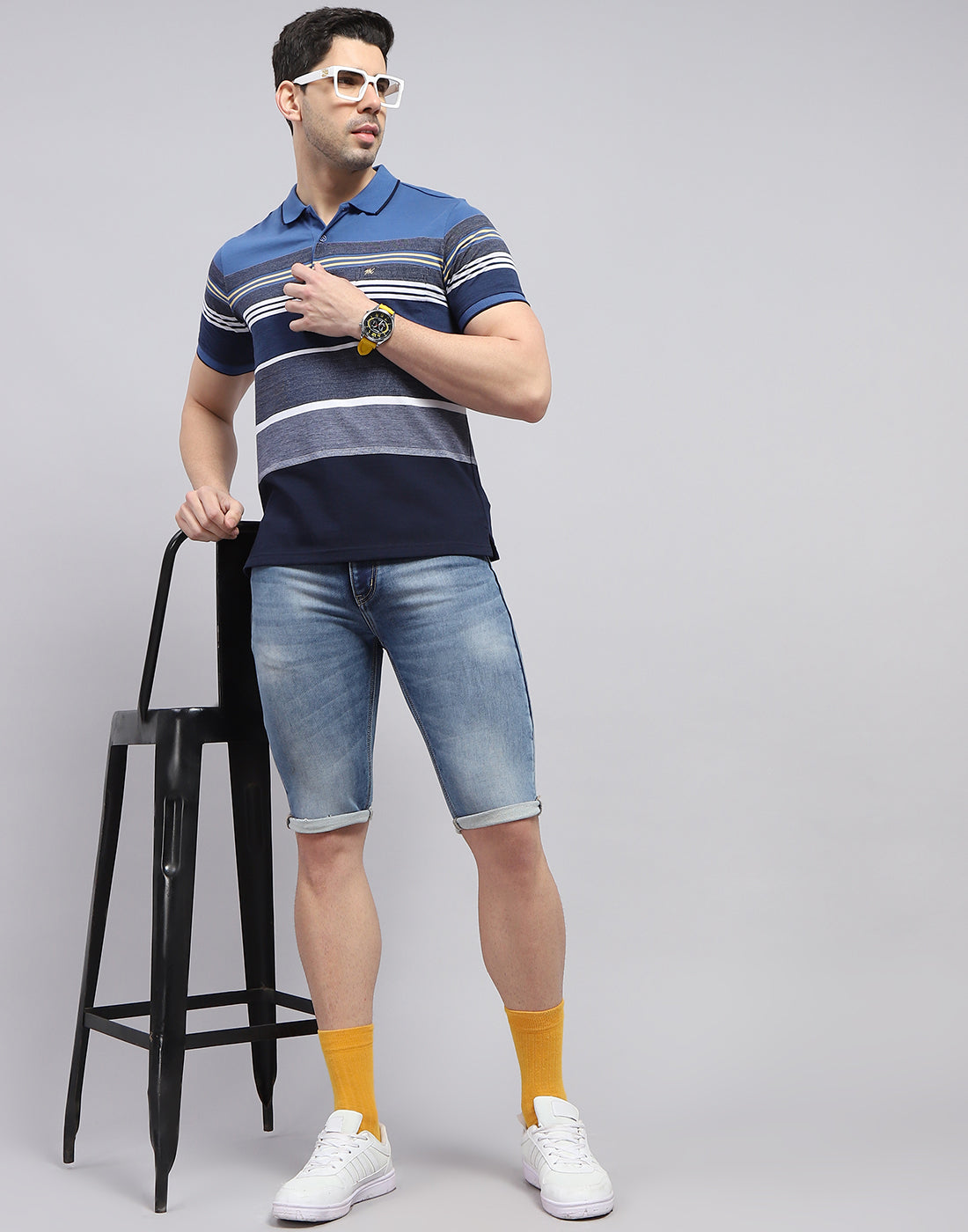 Men Blue Stripe Polo Collar Half Sleeve T-Shirt