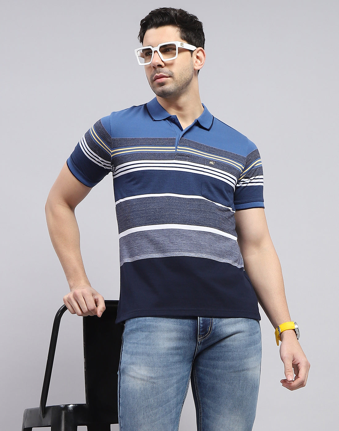 Men Blue Stripe Polo Collar Half Sleeve T-Shirt