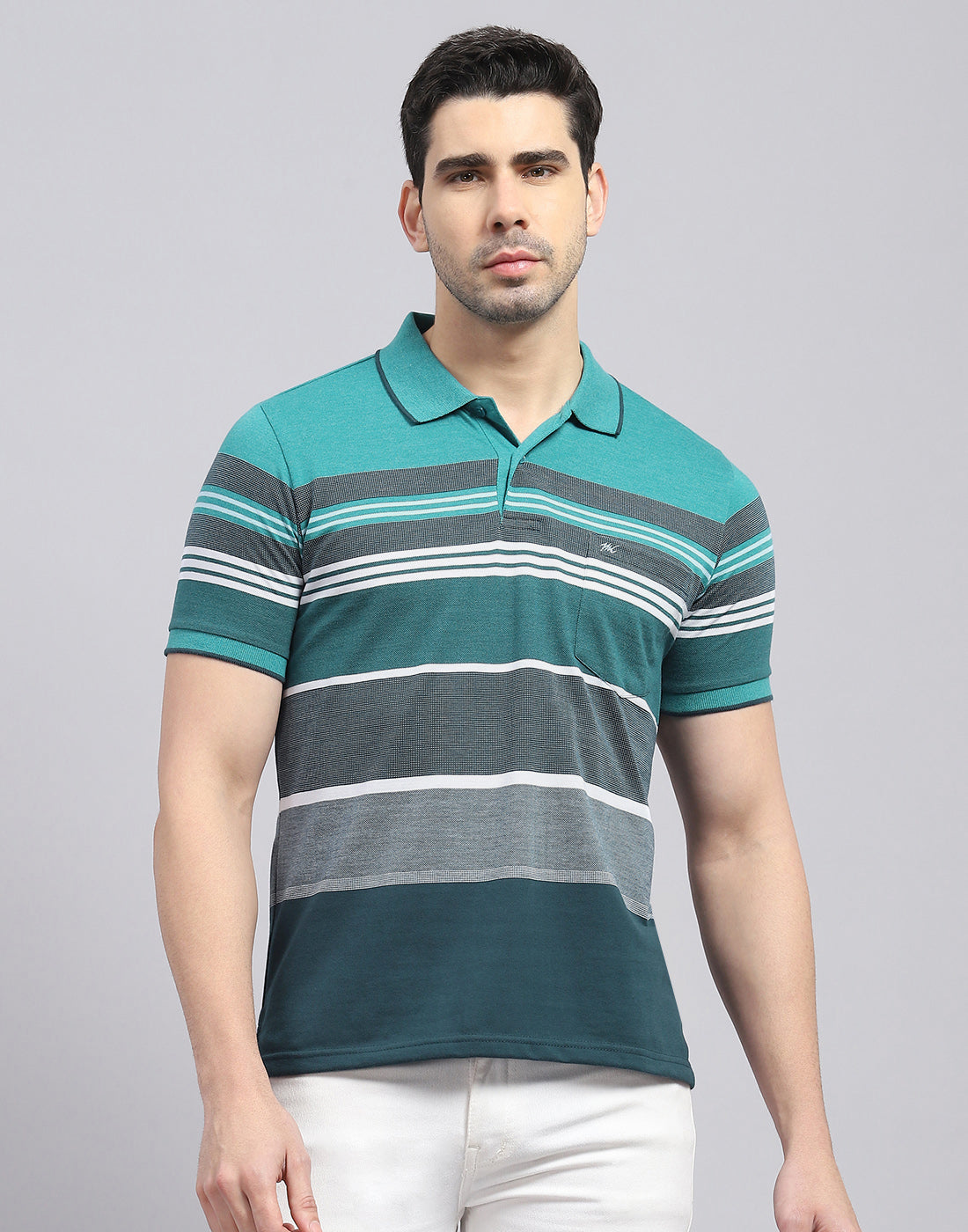 Men Turquoise Blue Stripe Polo Collar Half Sleeve T-Shirt