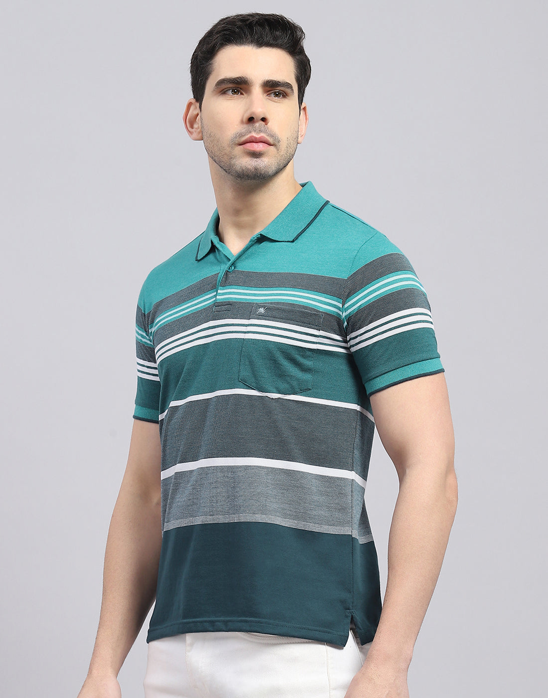 Men Turquoise Blue Stripe Polo Collar Half Sleeve T-Shirt
