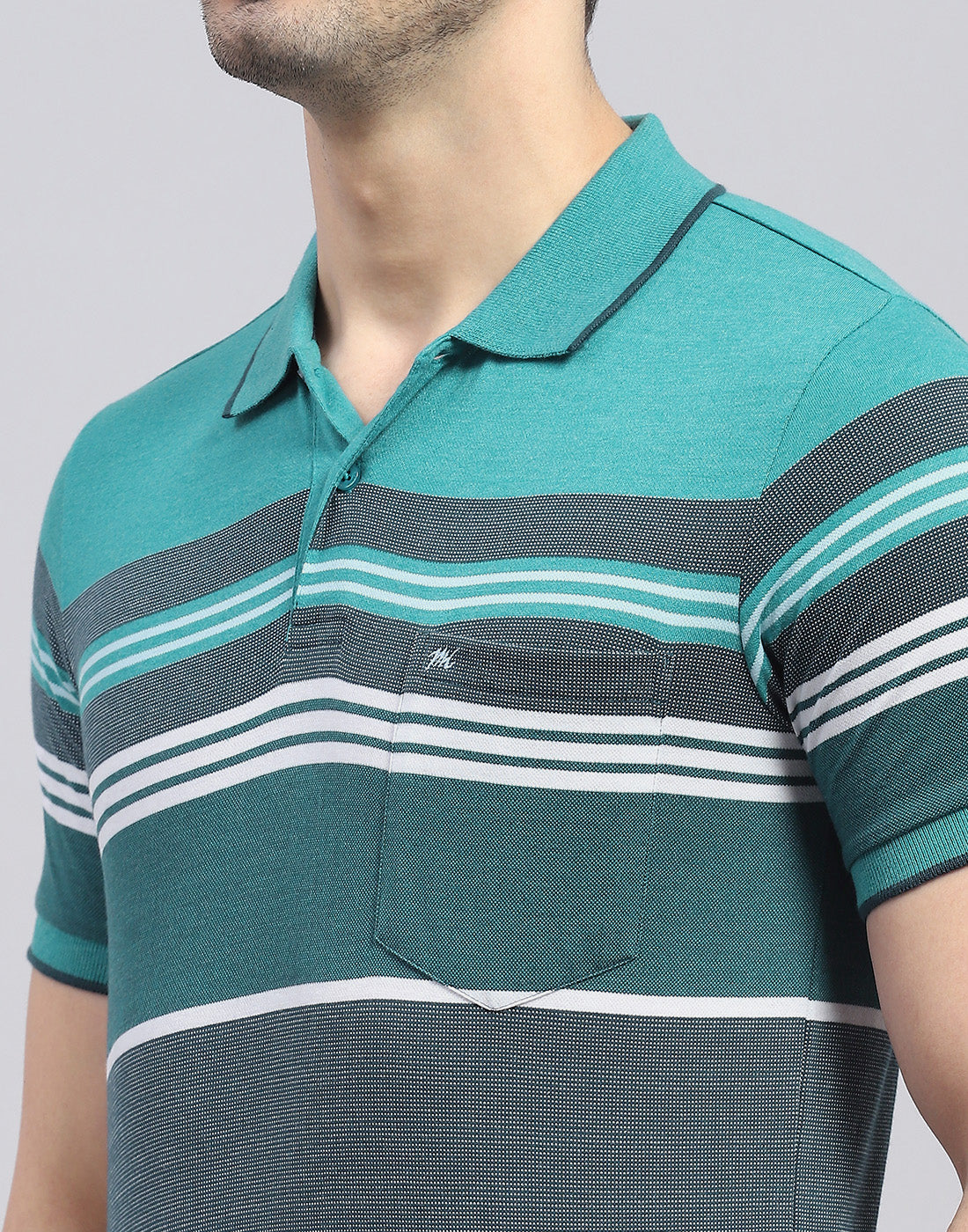 Men Turquoise Blue Stripe Polo Collar Half Sleeve T-Shirt
