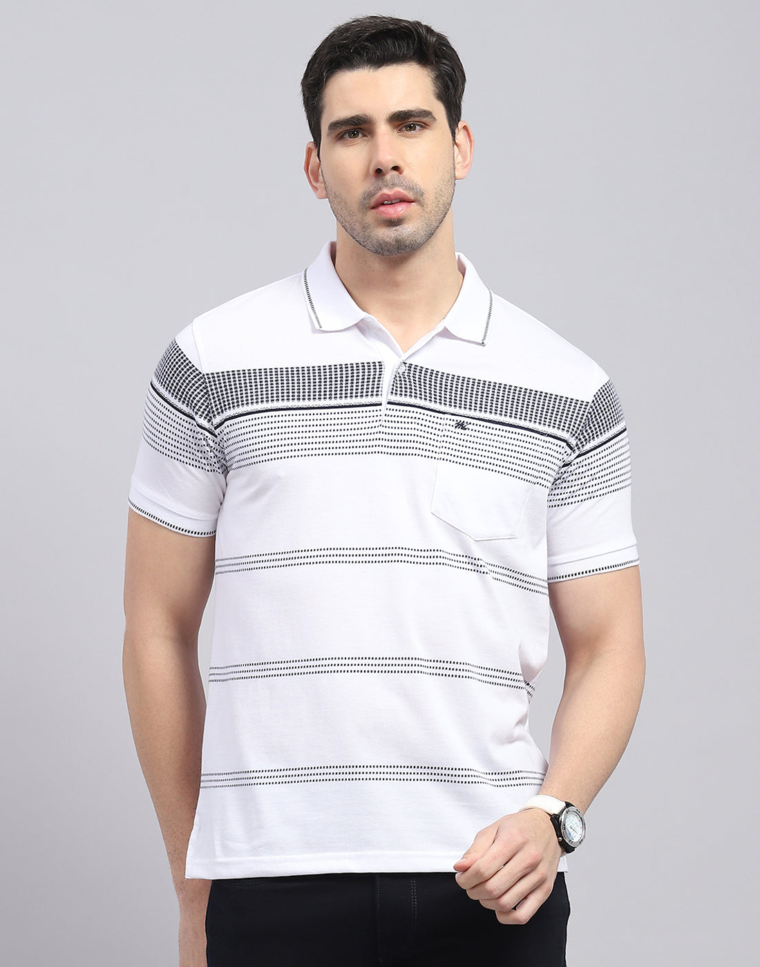 Men White Stripe Polo Collar Half Sleeve T-Shirt