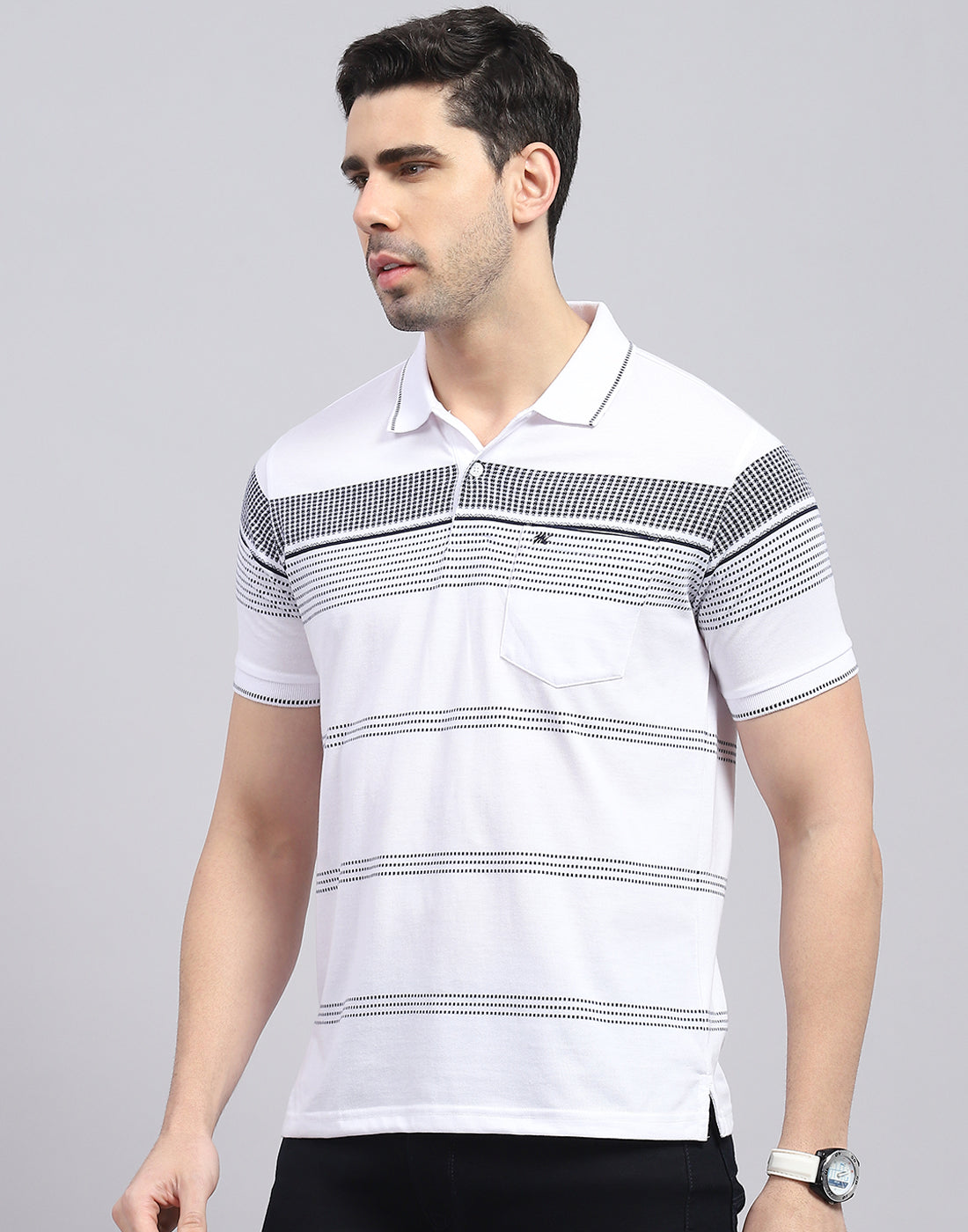 Men White Stripe Polo Collar Half Sleeve T-Shirt