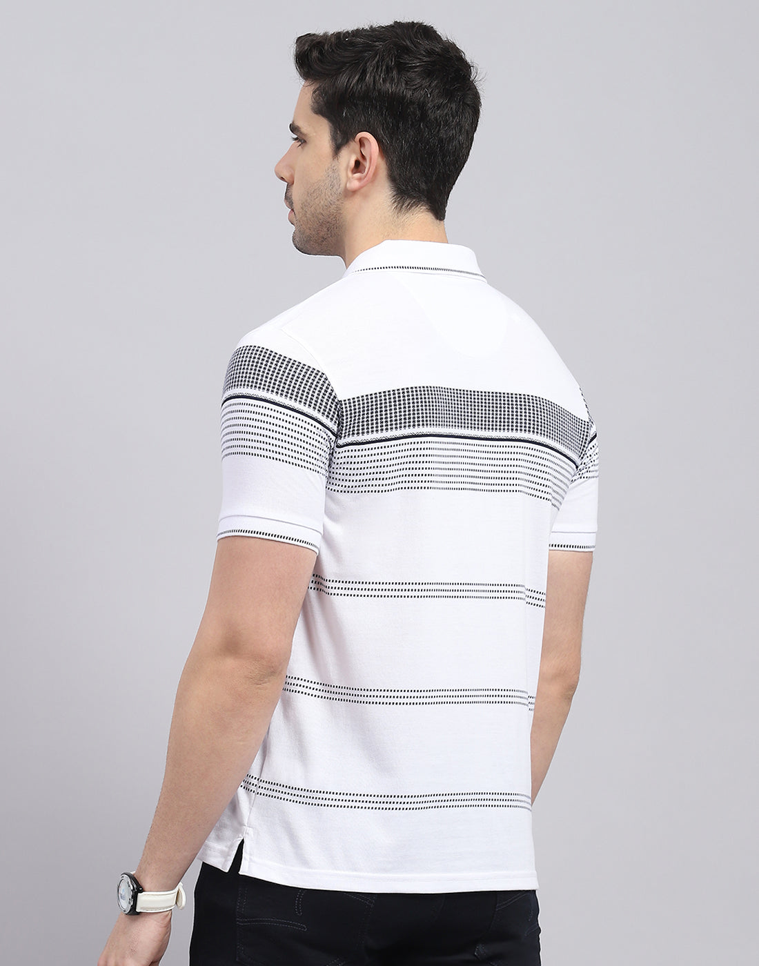 Men White Stripe Polo Collar Half Sleeve T-Shirt