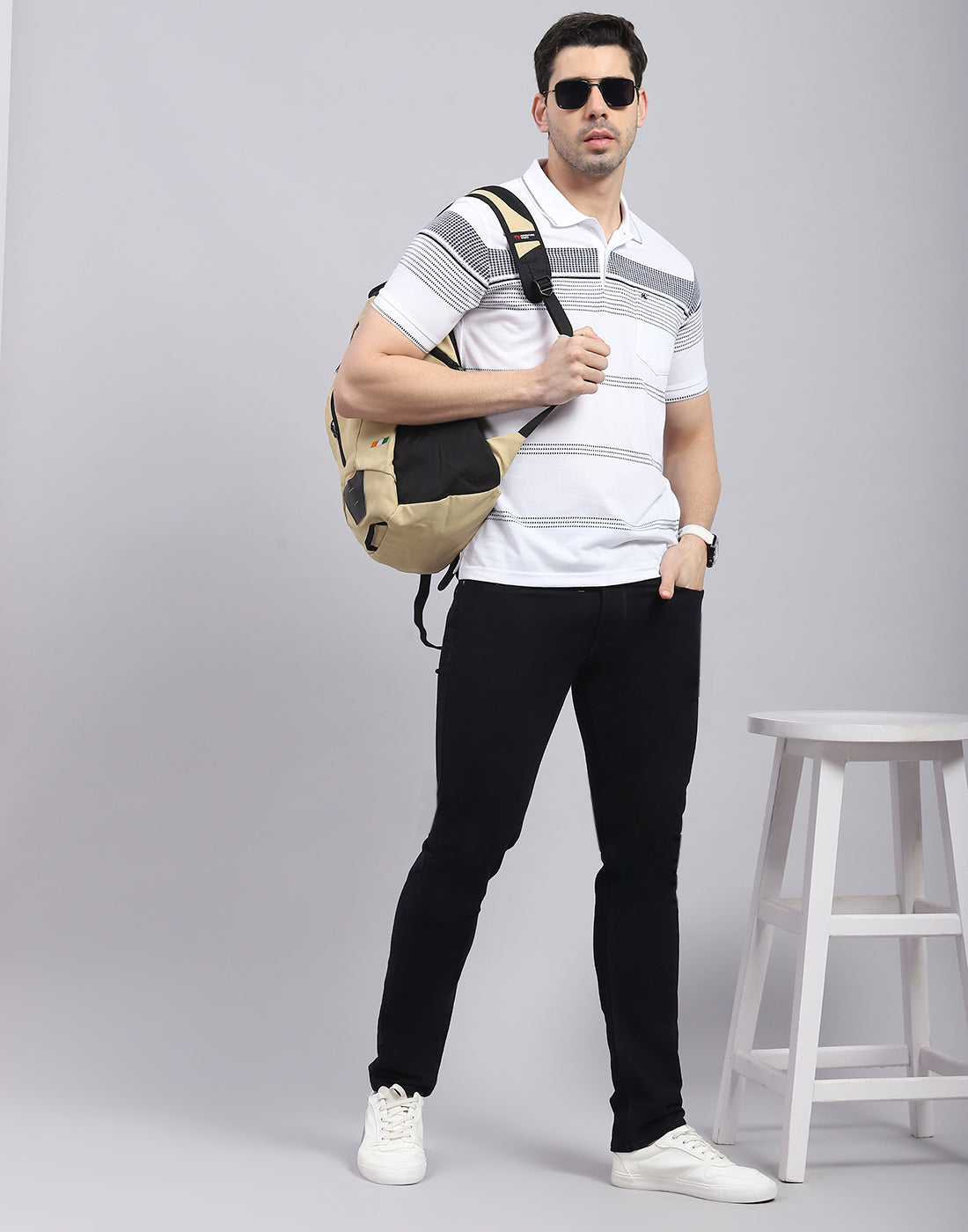Men White Stripe Polo Collar Half Sleeve T-Shirt